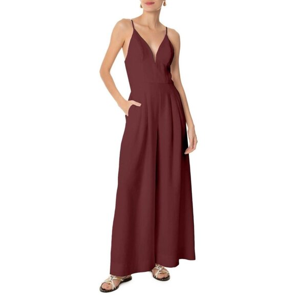 NWOT Farm Rio Linen Blend Sleeveless Halter Wide Leg Jumpsuit Sz L Brown